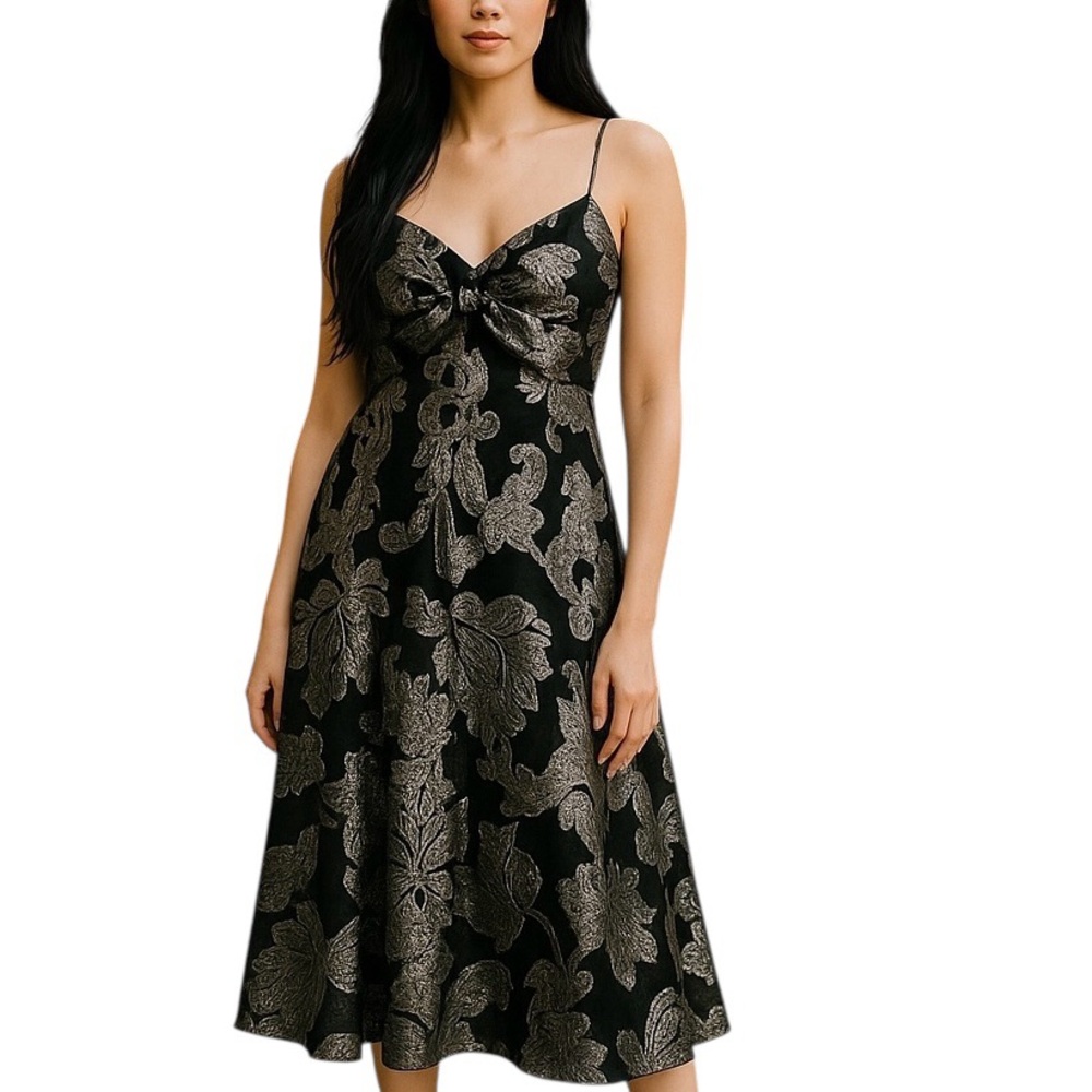 Calvin Klein Fitted Flair Flowing Chiffon Dress Black/Silver. Sz 4
